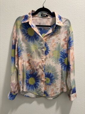 Softlyline Floral Button-Front Blouse in Blue & Green, size S